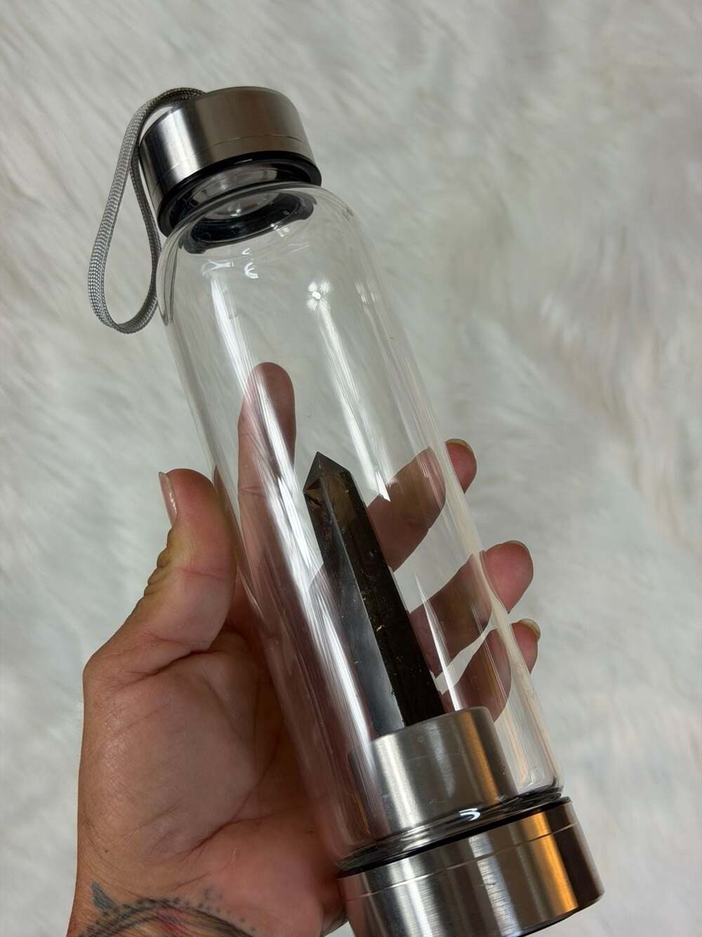 Natural Crystal Wand Glass Water Bottle with Smoky Quartz Gemstone and Sleeve
